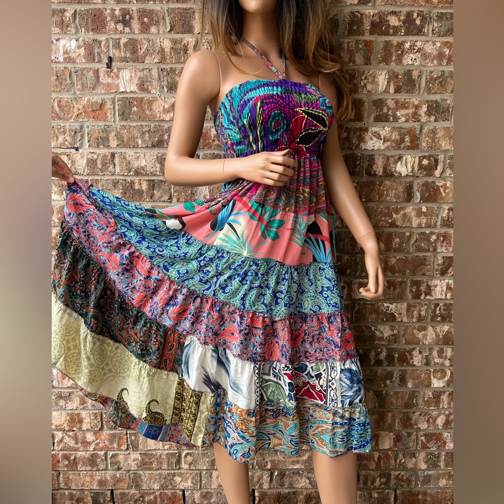 Smocked Ruched Patchwork Boho Dress Skirt - Picture 8 of 17